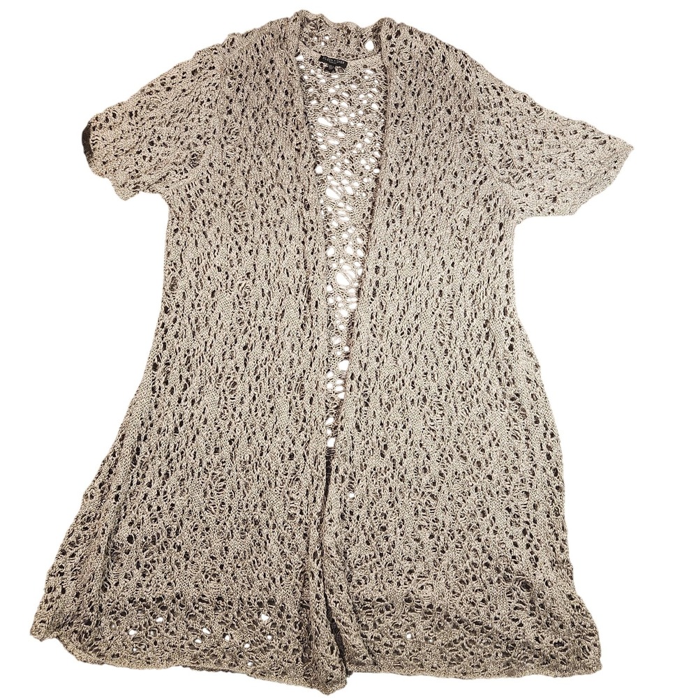 Eileen Fisher Cardigan Womens 2X Gray Open Knit Linen Cotton Duster Short Sleeve